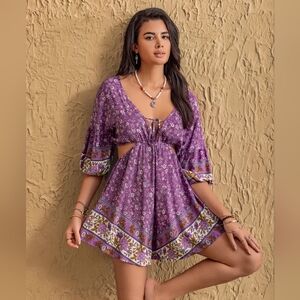 RusttyDustty Purple Floral Cutout Romper EUC